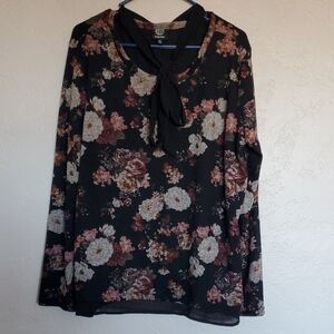BOBEAU Floral Long Sleeve Women's Top XL Tie Neck Sheer Back Flap